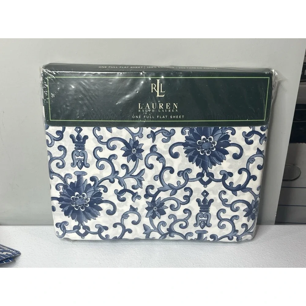 Ralph Lauren Porcelain Rosette Blue Floral Full Flat Sheet New Old